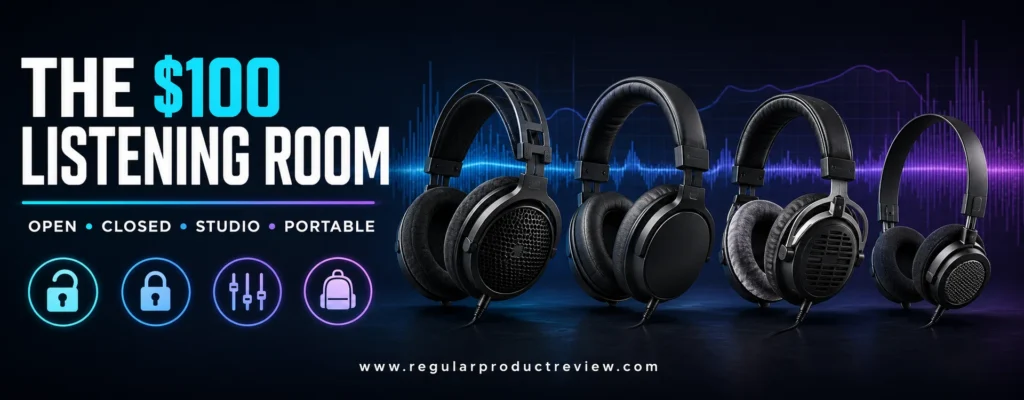Audiophile headphones under $100 overview comparing open, closed, studio, and portable designs