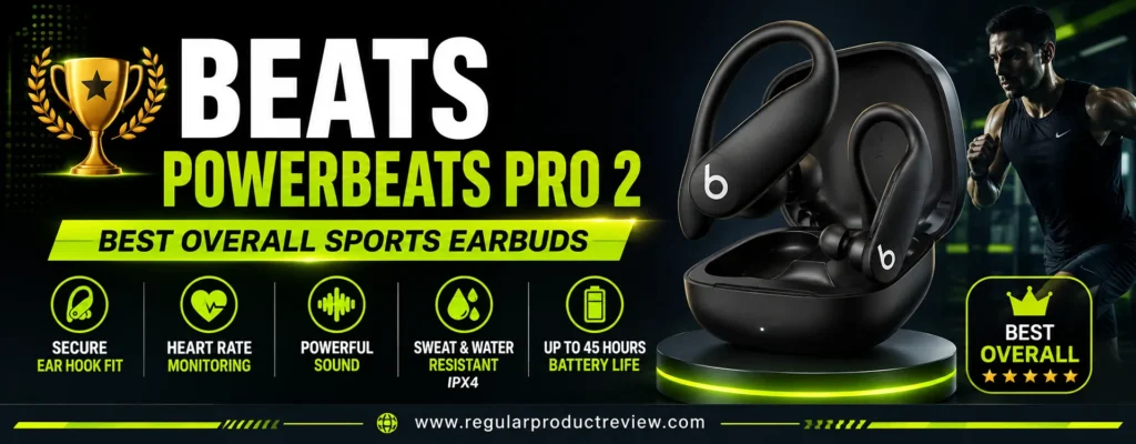 Beats Powerbeats Pro 2 wireless sports earbuds featuring a secure ear-hook design, heart rate monitoring, powerful sound, IPX4 sweat resistance, and up to 45 hours of battery life.