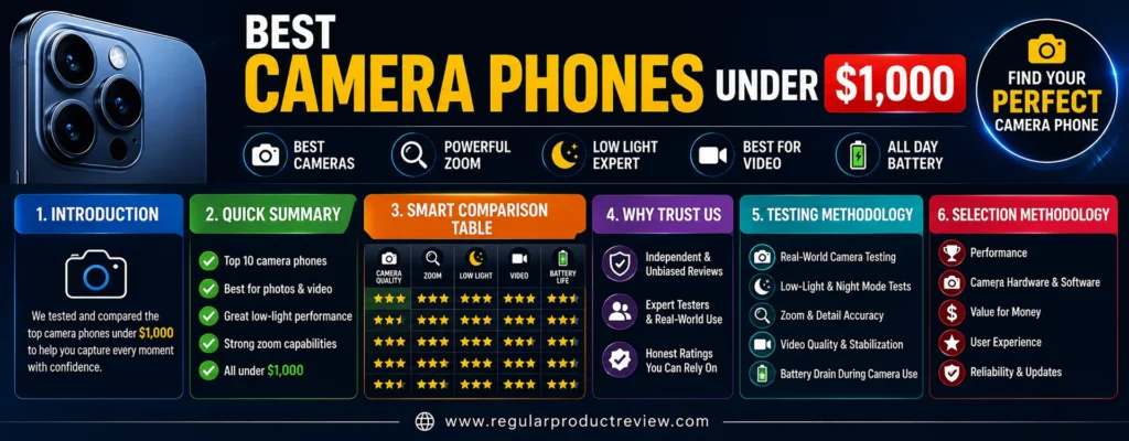 Best camera phones under $1,000 with photography, zoom, low-light, video, testing, and selection features