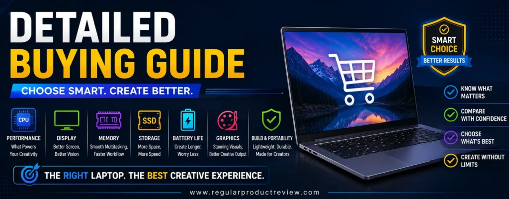 Detailed buying guide for creator laptops under $1000 covering CPU, display, RAM, SSD, graphics, battery life, and portability