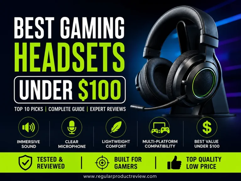 Modern gaming headset banner featuring the best gaming headsets under $100 with bold highlights for immersive sound, clear microphone, lightweight comfort, multi-platform compatibility, and expert-tested budget gaming recommendations.