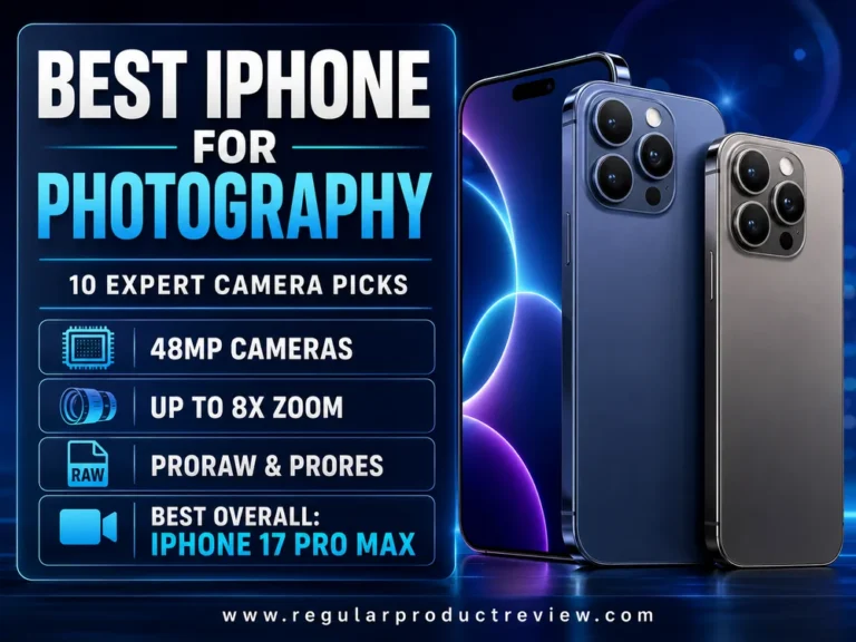 Best iPhone for photography thumbnail featuring 10 expert camera picks, 48MP cameras, 8x zoom, ProRAW, and ProRes