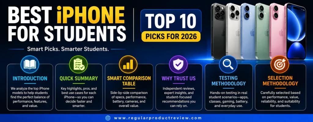 Modern banner for the Best iPhone for Students buying guide featuring multiple Apple iPhone models and sections for Introduction, Quick Summary, Smart Comparison Table, Why Trust Us, Testing Methodology, and Selection Methodology.