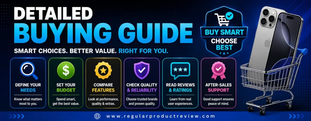 Modern buying guide banner featuring smartphone shopping icons, a shopping cart with an iPhone, and key buying factors including budget, features, reviews, quality, and after-sales support for students.
