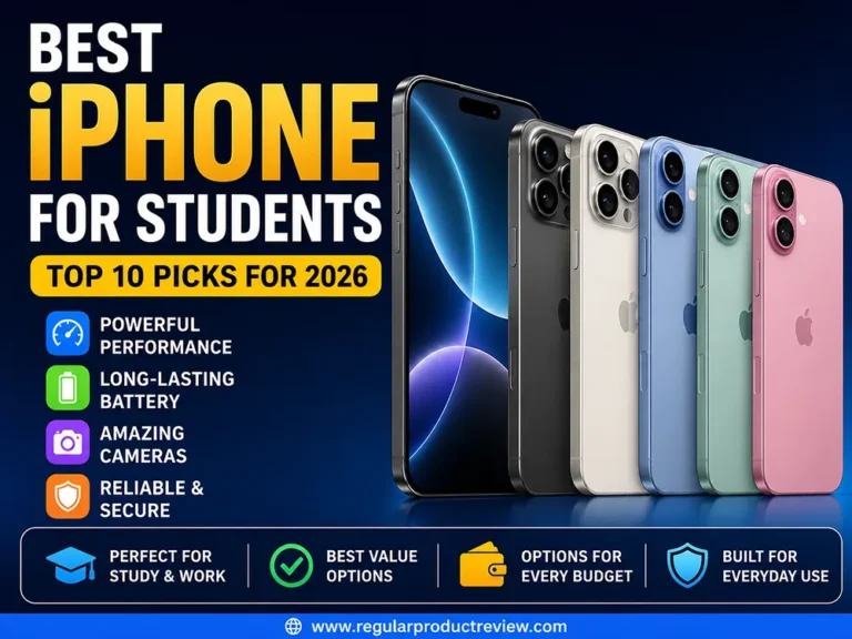 Modern banner showcasing the best iPhones for students, featuring multiple Apple iPhone models with highlights for performance, battery life, camera quality, affordability, and everyday student use.