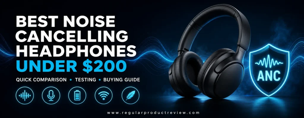 Best noise cancelling headphones under $200 with over-ear design, ANC shield, and key feature icons
