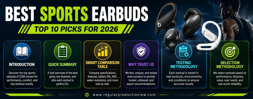 Best Sports Earbuds introduction guide featuring the top 10 picks, quick summary, smart comparison table, testing methodology, and selection methodology.