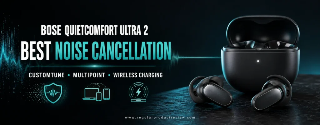 Bose QuietComfort Ultra Earbuds 2nd Gen with charging case, selected as the best premium earbuds for active noise cancellation

