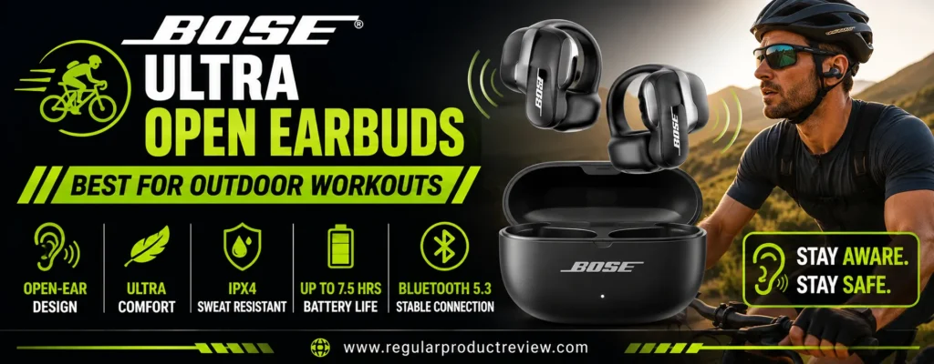 Bose Ultra Open Earbuds featuring an open-ear design, premium comfort, immersive audio, IPX4 sweat resistance, and Bluetooth connectivity for outdoor workouts, running, cycling, and hiking.