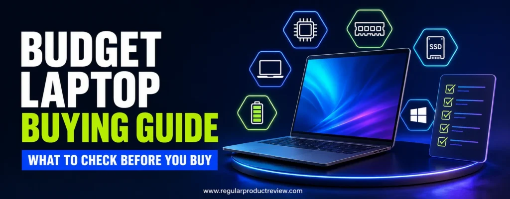 Budget laptop buying guide covering processor, RAM, storage, display, battery, and operating system