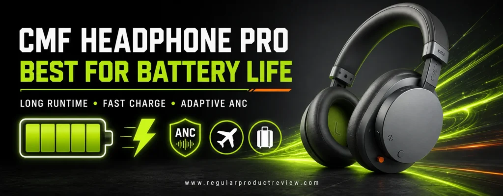 CMF Headphone Pro with long battery life, fast charging, adaptive ANC, and travel feature icons
