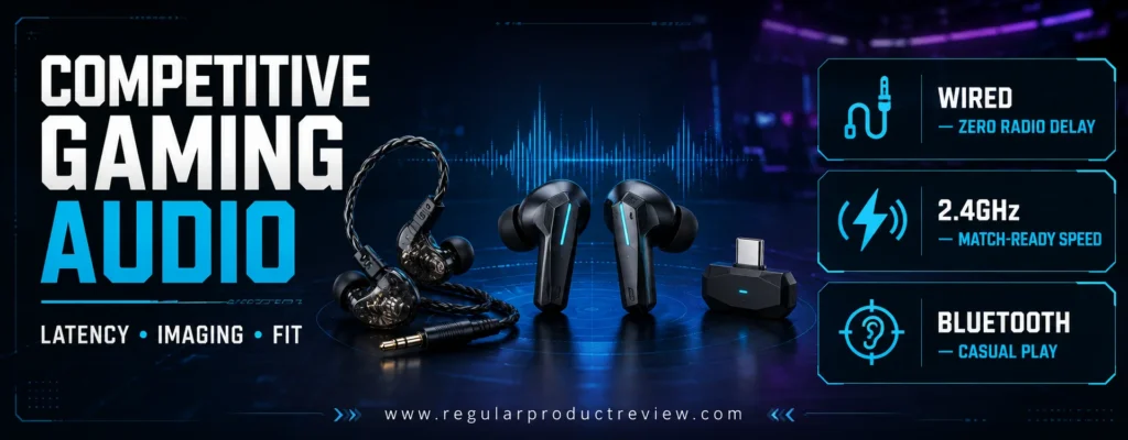 Competitive gaming earbuds overview comparing wired, 2.4GHz wireless, and Bluetooth connections