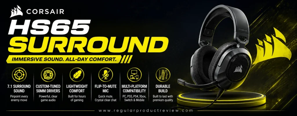 Corsair HS65 Surround gaming headset featuring Dolby Audio 7.1 surround sound, custom-tuned 50mm drivers, lightweight comfort, flip-to-mute microphone, and multi-platform compatibility for competitive FPS gaming.