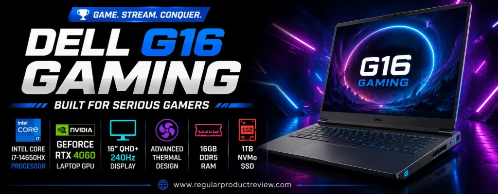 Dell G16 Gaming laptop featuring an Intel Core i9 HX processor, NVIDIA GeForce RTX 4060 Laptop GPU, 16-inch QHD+ 240Hz display, advanced thermal cooling, and upgrade-friendly gaming design.