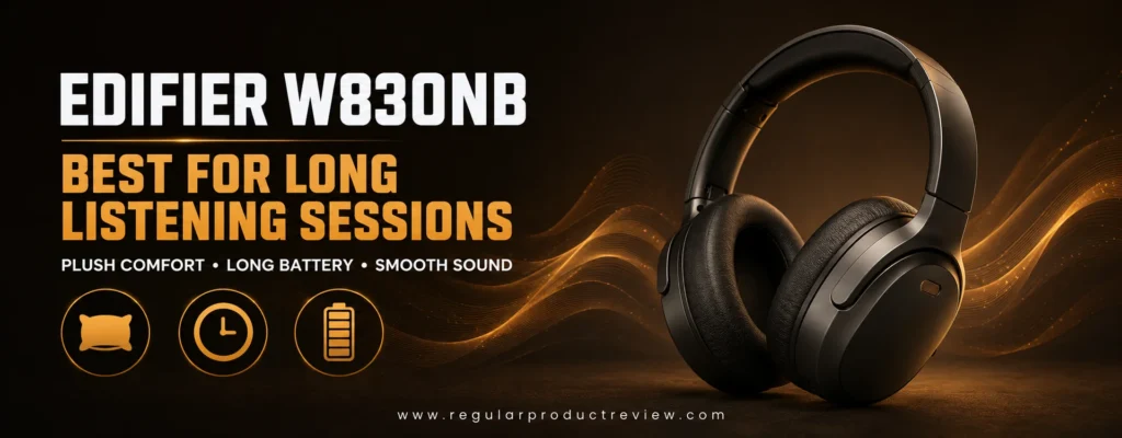 Edifier W830NB headphones with plush ear cushions, long battery life, and smooth sound icons

