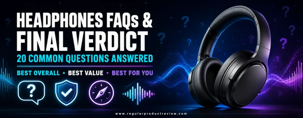 Noise cancelling headphones FAQs and final verdict with question, recommendation, and sound icons
