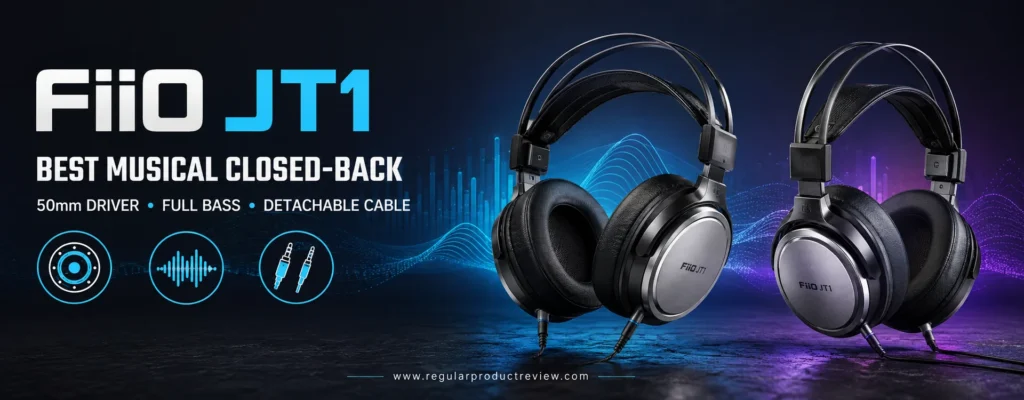 FiiO JT1 closed-back headphones shown from two angles with 50mm driver and detachable cable highlights
