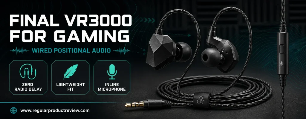 Final VR3000 for Gaming wired IEMs shown from two sides with inline microphone and 3.5mm plug