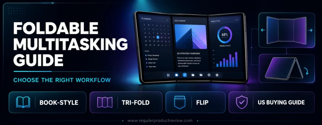 Foldable phone multitasking guide comparing book-style, tri-fold, and flip phone designs