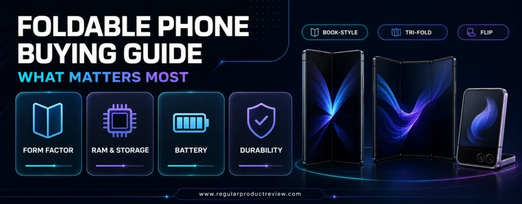 Foldable phone buying guide covering form factor, RAM, storage, battery life, durability, and multitasking features