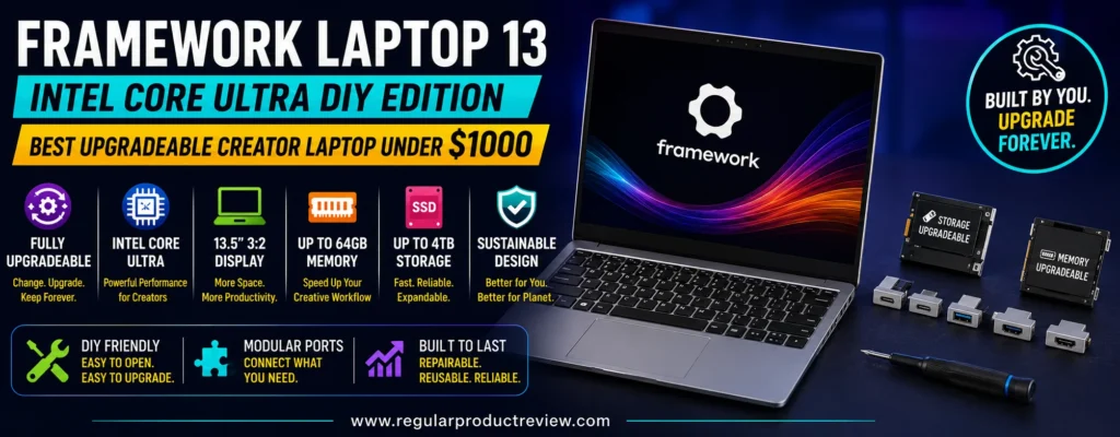 Framework Laptop 13 Intel Core Ultra DIY Edition upgradeable creator laptop under $1000 with modular ports, memory, and storage