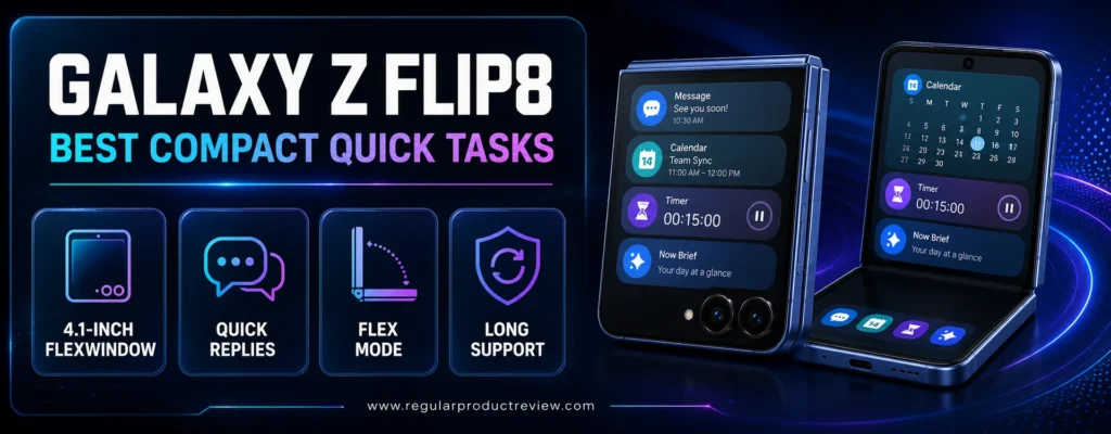 Samsung Galaxy Z Flip8 featuring a 4.1-inch FlexWindow, quick replies, Flex Mode, and long-term software support