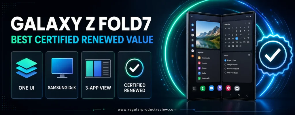 Samsung Galaxy Z Fold7 Certified Renewed featuring three-app multitasking, Samsung DeX, and a large foldable display