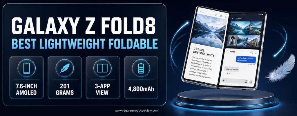 Samsung Galaxy Z Fold8 with a 7.6-inch AMOLED display, lightweight design, three-app view, and 4,800mAh battery