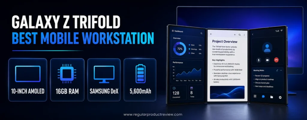 Samsung Galaxy Z TriFold with a 10-inch AMOLED display, 16GB RAM, Samsung DeX, and three-app multitasking