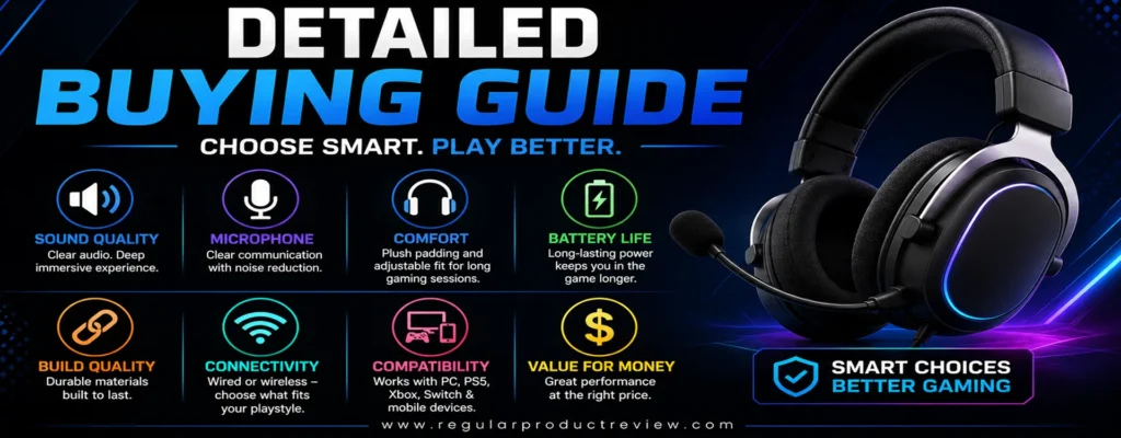 Modern gaming headset buying guide banner highlighting sound quality, microphone, comfort, battery life, build quality, connectivity, platform compatibility, and value for money to help gamers choose the best gaming headset.