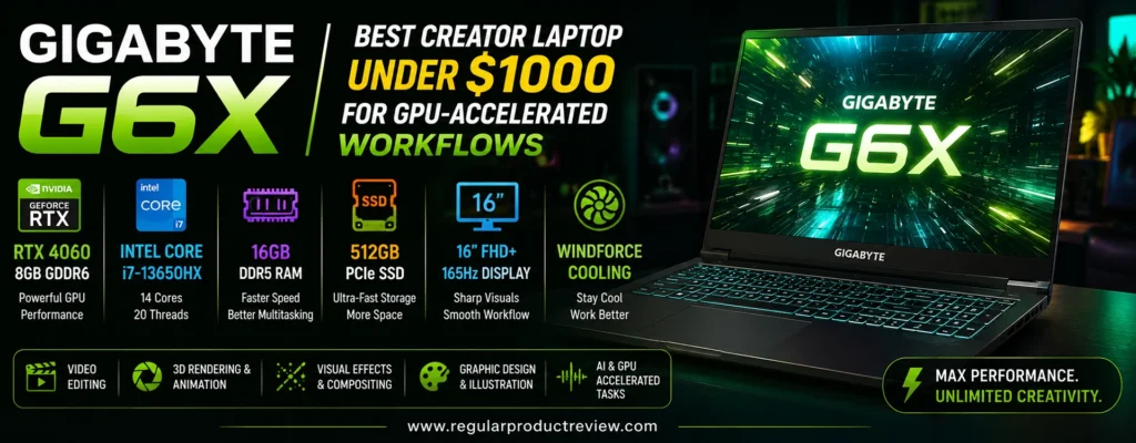 Gigabyte G6X creator laptop under $1000 for GPU-accelerated workflows with RTX 4060 graphics, Intel Core i7, and 16GB RAM