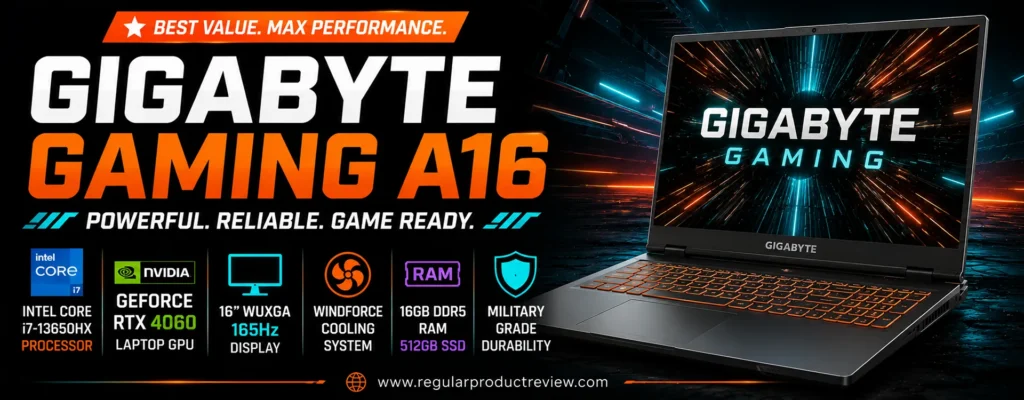 Gigabyte Gaming A16 gaming laptop featuring an AMD Ryzen 9 processor, NVIDIA GeForce RTX 5060 Laptop GPU, 16-inch QHD 165Hz display, WINDFORCE cooling system, and outstanding gaming performance.