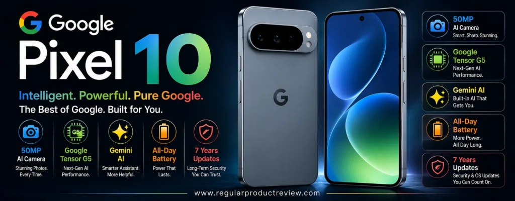 Google Pixel 10 showing front and rear design with 50MP AI camera, Tensor G5 chip, Gemini AI, and all-day battery