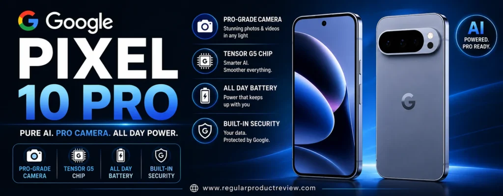 Google Pixel 10 Pro showing its front and rear design with a pro-grade camera, Tensor G5 chip, and AI-powered features