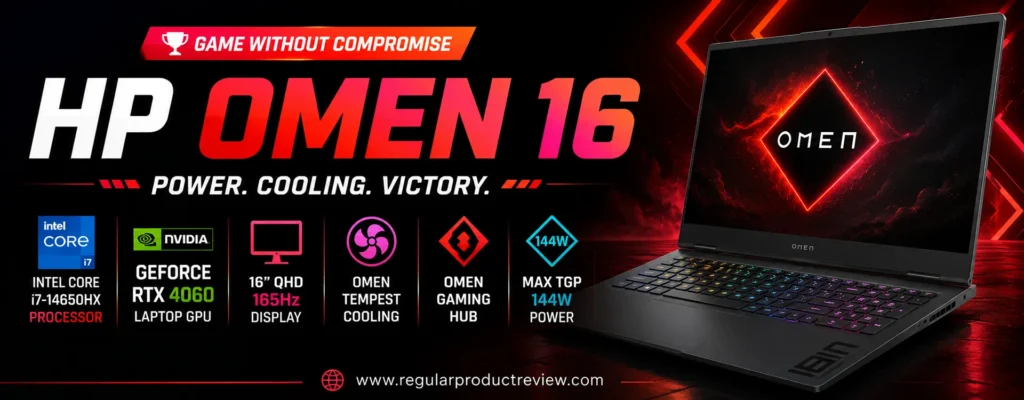 HP OMEN 16 gaming laptop featuring an AMD Ryzen AI processor, NVIDIA GeForce RTX graphics, a 16-inch QHD 165Hz display, OMEN Tempest Cooling technology, and premium gaming performance.