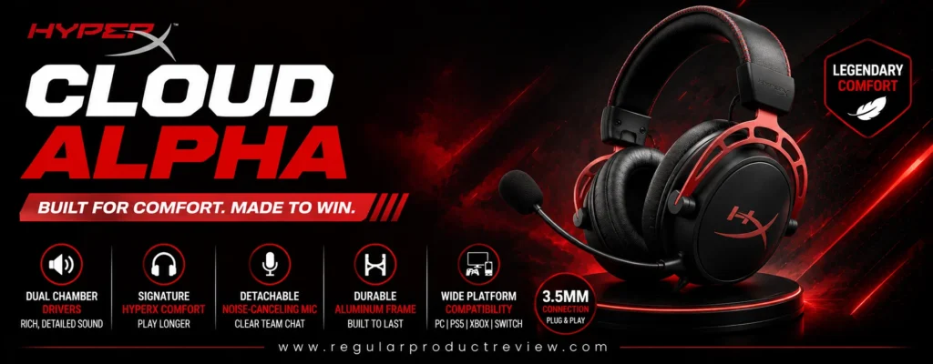 HyperX Cloud Alpha gaming headset featuring Dual Chamber 50mm drivers, detachable noise-canceling microphone, signature HyperX comfort, durable aluminum frame, and wide multi-platform compatibility for long-term gaming performance.