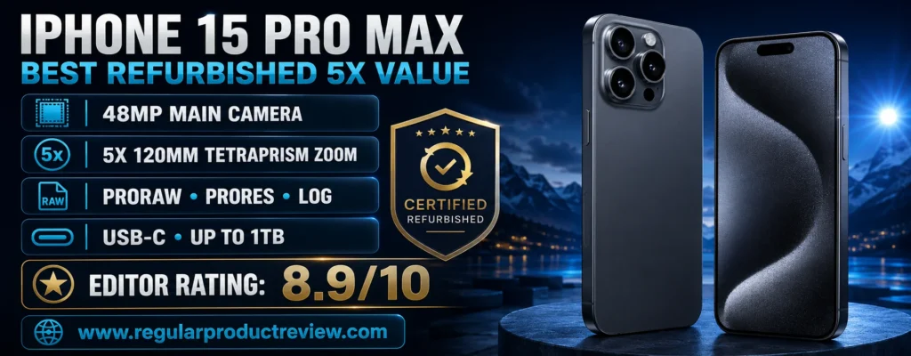 iPhone 15 Pro Max refurbished 5x zoom value with a 48MP Main camera, 120mm tetraprism lens, ProRAW, ProRes, and USB-C