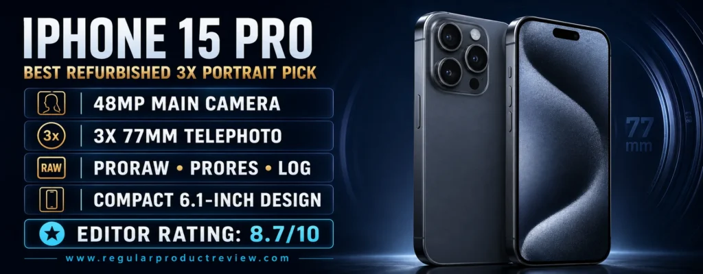 iPhone 15 Pro refurbished portrait photography pick with a 48MP Main camera, 3x 77mm Telephoto, ProRAW, and compact design