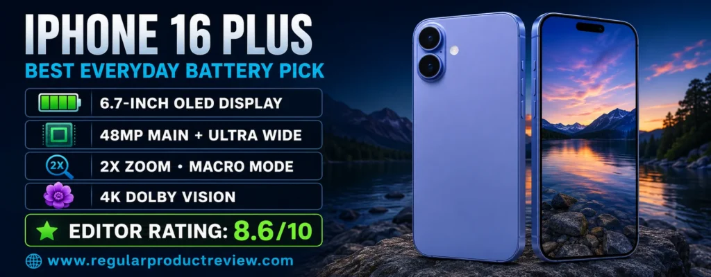 iPhone 16 Plus everyday photography pick with a 6.7-inch display, 48MP Main camera, Ultra Wide, 2x zoom, macro, and 4K video