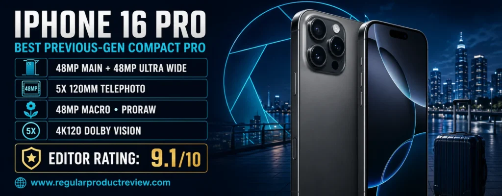 iPhone 16 Pro compact camera phone with 48MP Main and Ultra Wide cameras, 5x Telephoto, macro, ProRAW, and 4K120 video