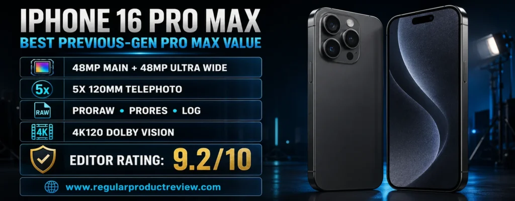 iPhone 16 Pro Max previous-generation value pick with 48MP Main and Ultra Wide cameras, 5x Telephoto, ProRAW, and 4K120
