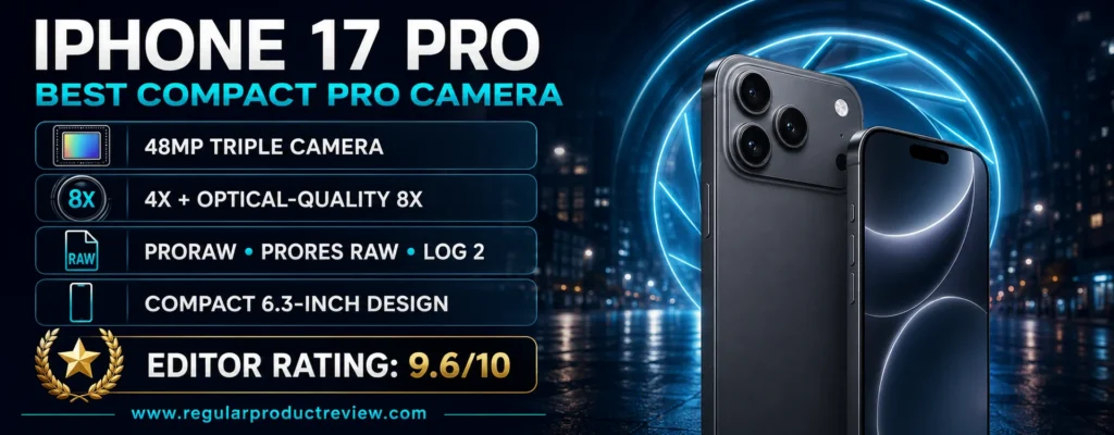 iPhone 17 Pro compact professional camera phone with three 48MP cameras, 8x framing, ProRAW, ProRes RAW, and Log 2