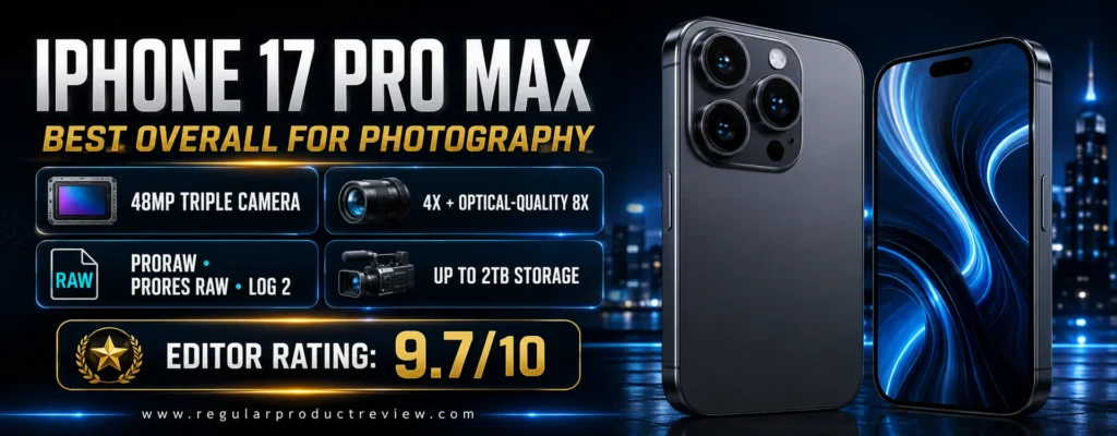 iPhone 17 Pro Max best overall photography pick with 48MP triple cameras, optical-quality 8x zoom, ProRAW, and ProRes RAW