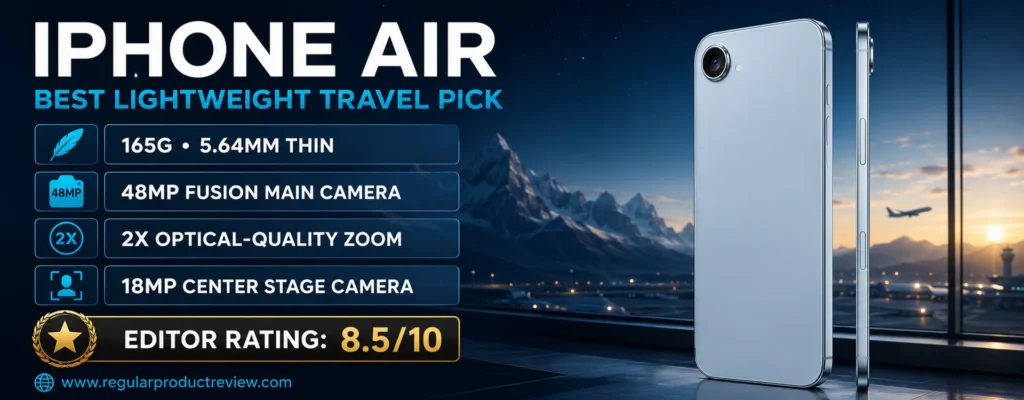 iPhone Air lightweight travel photography pick with a 165-gram body, 48MP Main camera, 2x zoom, and 18MP front camera