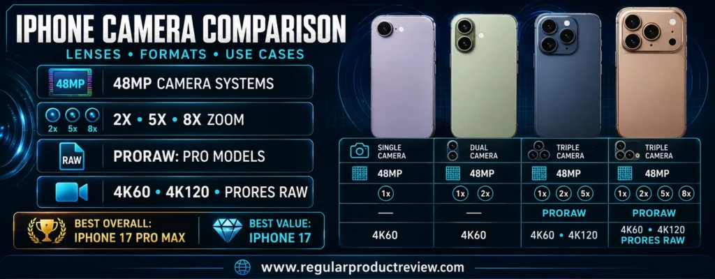 iPhone camera comparison showing single, dual, and triple-camera systems, 48MP resolution, 2x, 5x, and 8x zoom, and ProRAW