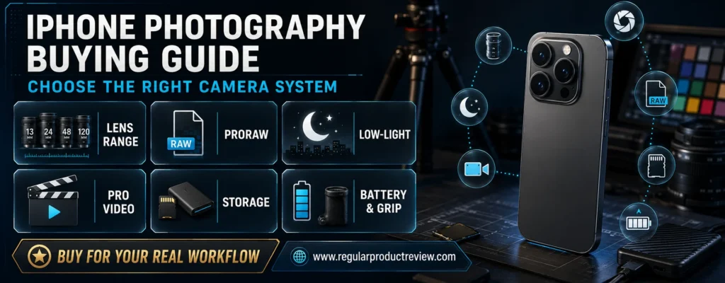 iPhone photography buying guide covering lens range, ProRAW, low-light performance, professional video, storage, battery, and grip