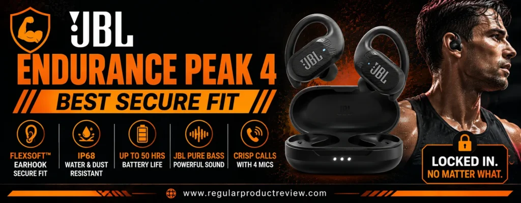 JBL Endurance Peak 4 wireless sports earbuds featuring a secure ear-hook design, IP68 water and dust resistance, JBL Pure Bass Sound, and long battery life for intense workouts.