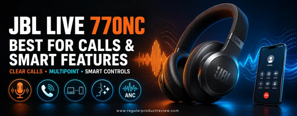 JBL Live 770NC headphones with microphone, clear-call, multipoint, smart-control, and ANC icons
