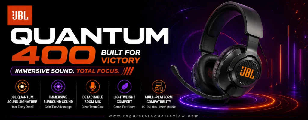 JBL Quantum 400 gaming headset featuring JBL QuantumSOUND Signature, immersive surround sound, flip-up directional microphone, lightweight comfort, and multi-platform compatibility for immersive gaming under $100.