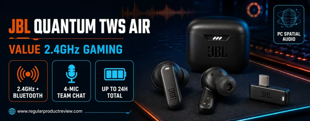 JBL Quantum TWS Air gaming earbuds with two-sided product views, charging case, and USB-C dongle